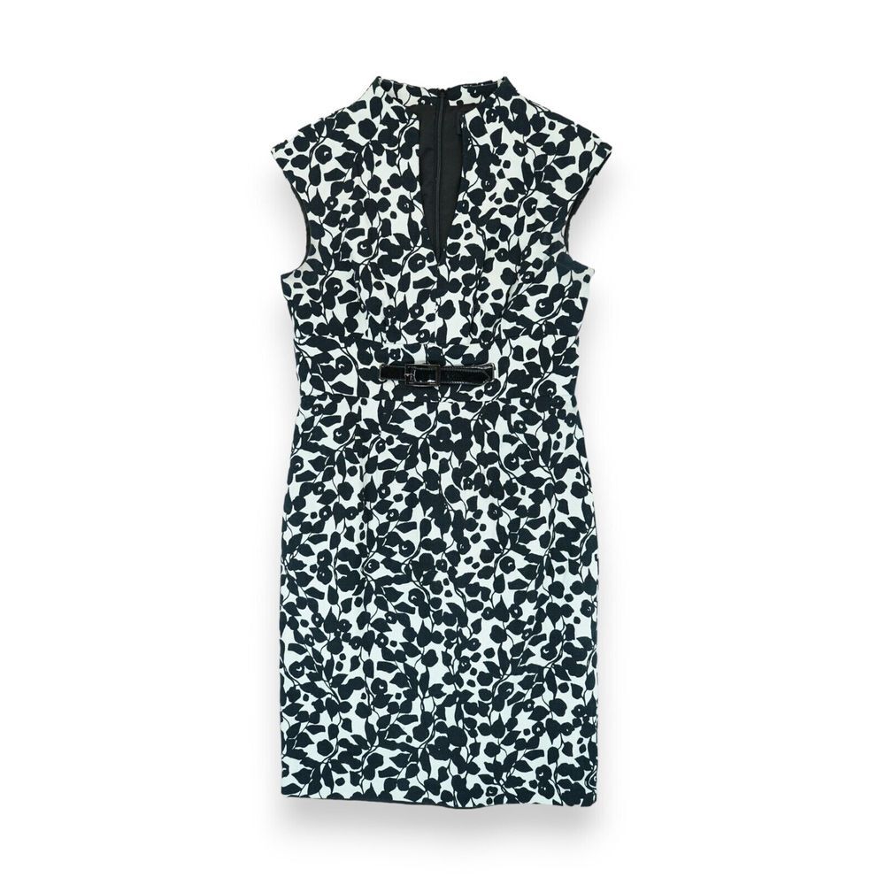Adrianna Papell Black & White Floral Split Neck Belted Sheath Dress Size 8